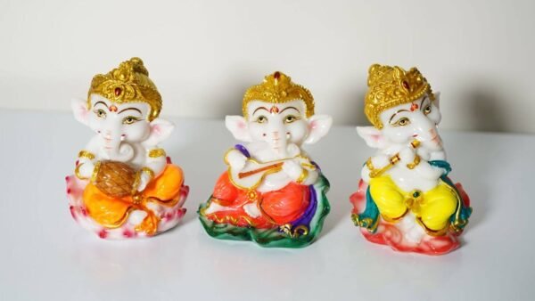 Bal Ganesh 3 Idol Marble Set Playing Musical Instruments Statue Showpiece multicolor