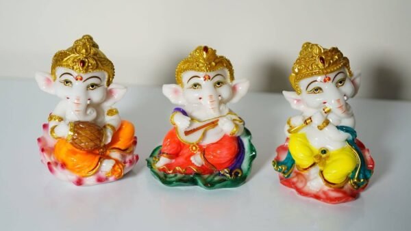 Bal Ganesh 3 Idol Marble Set Playing Musical Instruments Statue Showpiece multicolor