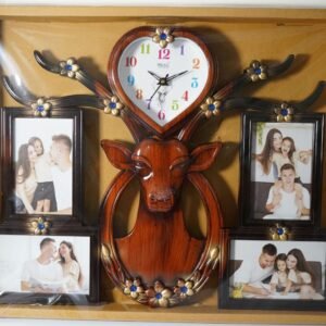 Light Brown Wood Finish Deer Wall Clock with 4 Pics Collage Photo Frame