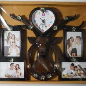 dark brown wood finish deer wall clock with 4 pic Collage photo frame