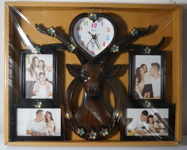 dark brown wood finish deer wall clock with 4 pic Collage photo frame