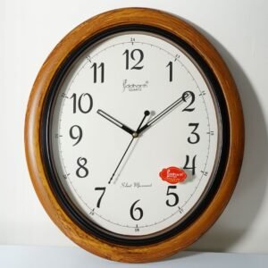 oval shape wall clock with brown wood finish border