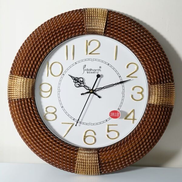 Round wall Clock with Thick Golden and Brown Border like Rope