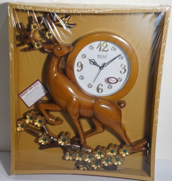 Wall Clock with Light Brown Wood Finish Deer