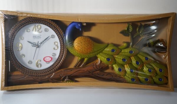 wall clock with peacock brown green blue shades