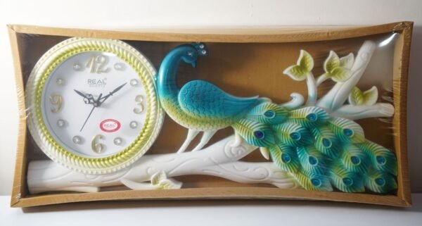 wall clock with peacock white green and blue shades