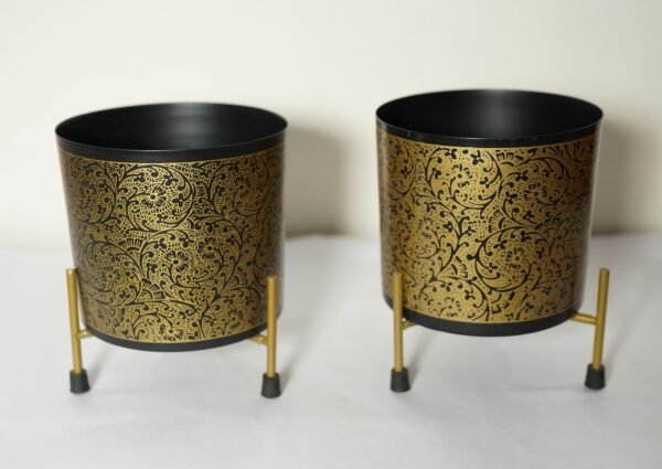 Black & Golden Vines Indoor Metal Planter With Metal Stand - Home & Garden