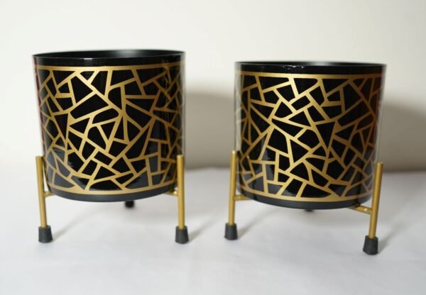 Golden Black Modern zig zag lines Design Metal Planter With Metal Stand - Home & Garden - 6 Inches-min