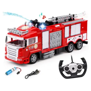 Remote Control Fire Truck Smoke Spray Fire Brigade Rescue Truck 2.4 Ghz with Mist Water Spray Function Remote Control Toy for Kids - Red